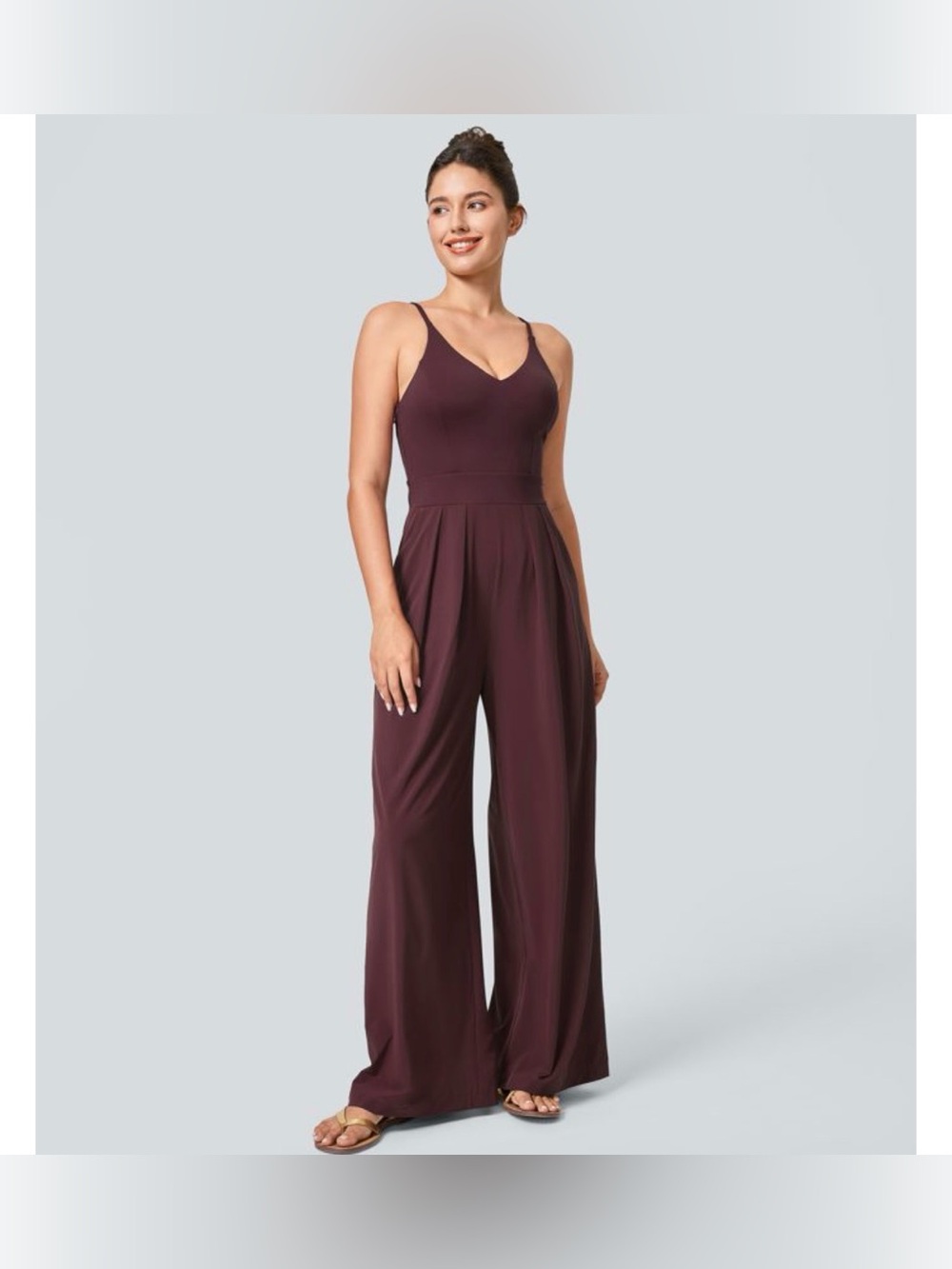 Sleeveless V-Neck Wide-Leg Jumpsuit in Deep Plum